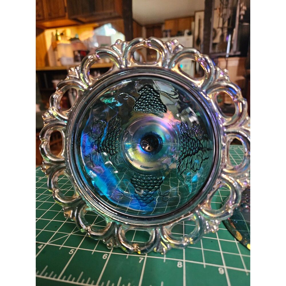 Vintage Peacock Teal Carnival Glass Covered Candy Dish Compote Pinecone Lid - Picture 4 of 5